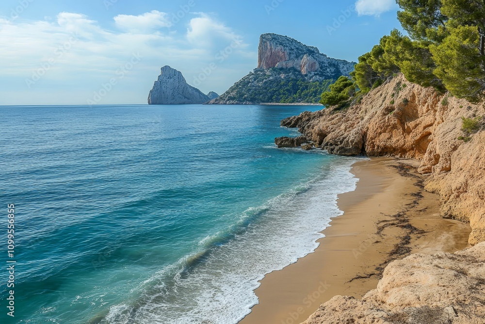 Obraz premium Serene beach, turquoise water, dramatic cliffs.