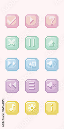 Pastel key interface button 8 bit pixel art collection set.  Computer game icon. For game development, mobile app, social media post, video