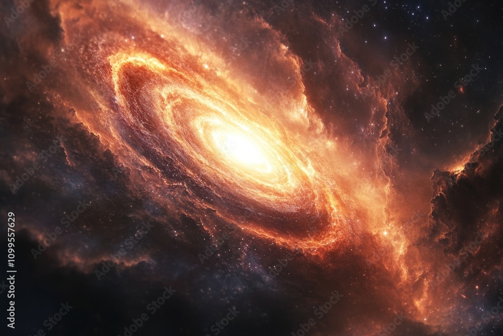 Fototapeta premium A vibrant, fiery spiral galaxy swirls amidst a dark, starry expanse.