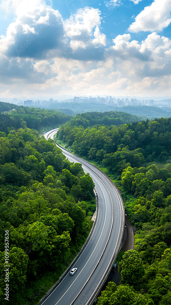 Fototapeta premium Multilayered flyover highway construction urban landscape aerial view development progress nature integration in city planning