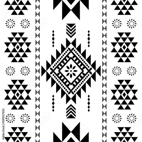 Southwest Aztec geometric Native American Mexican Navajo tribal ethnic seamless pattern fabric black and white design vector for textile printing