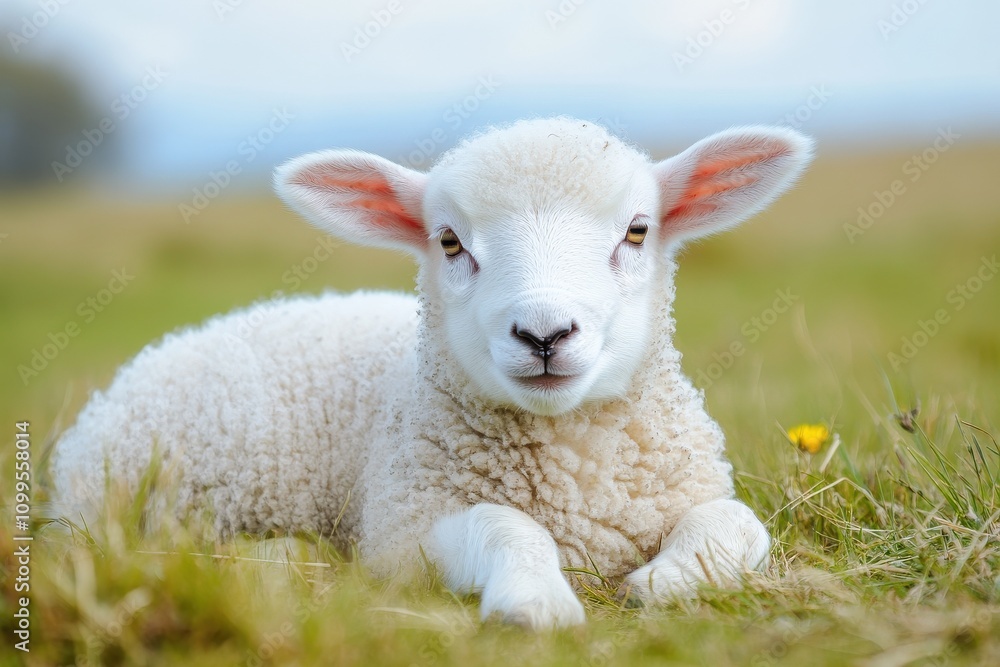 Obraz premium Lamb Lying on Pasture in Beautiful Countryside Farm Scene