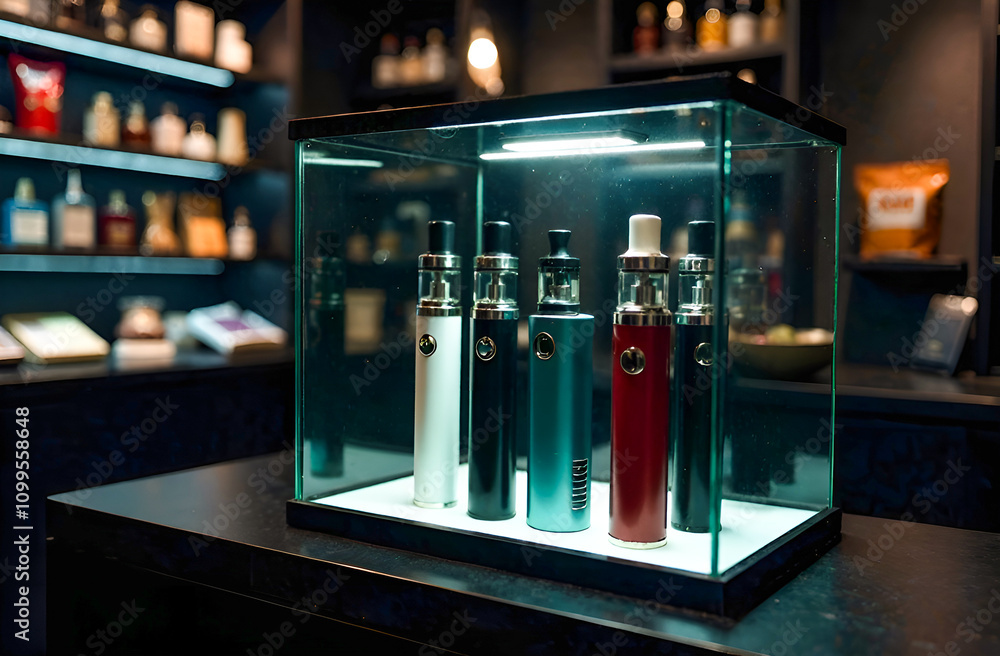 Fototapeta premium disposable electronic cigarettes, shelf with glass showcase with led light