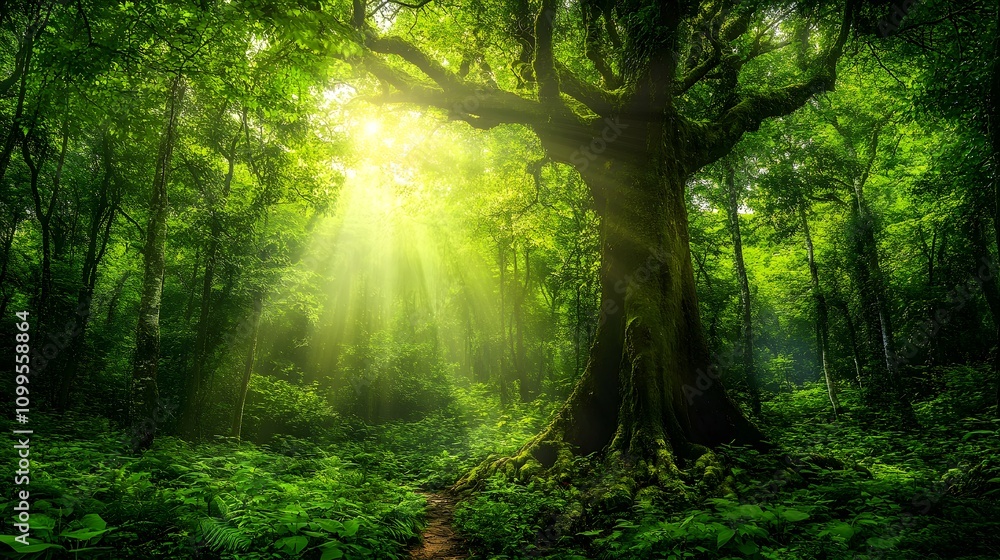 Obraz premium Sunbeams Illuminate Lush Green Forest Path Ancient Tree
