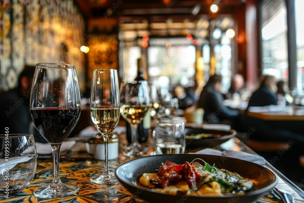 Fototapeta premium Restaurant table, wine glasses, food, blurred background.