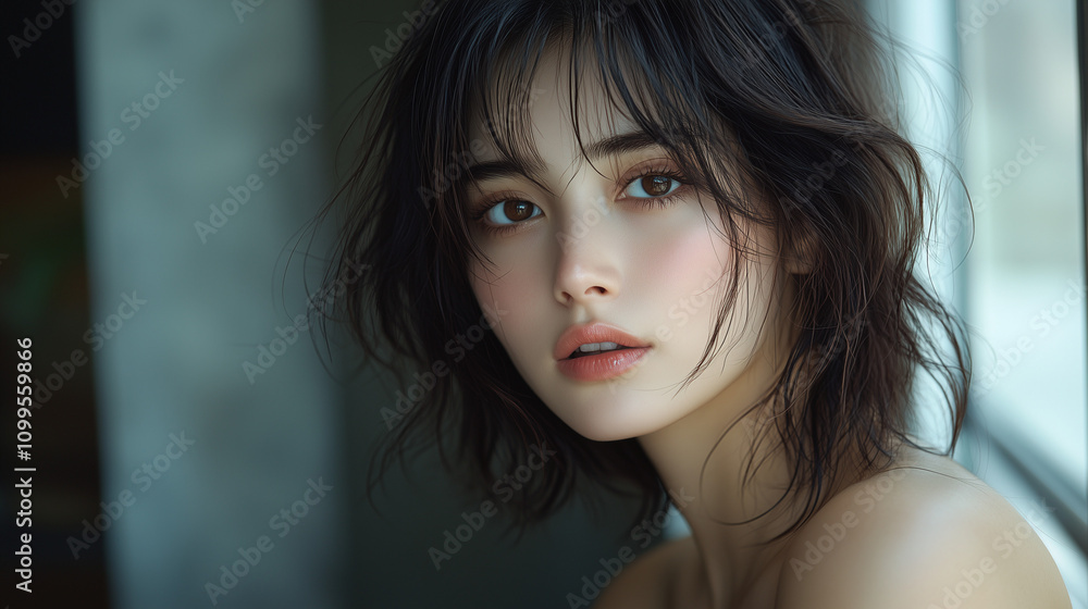 Naklejka premium 美女, 女性, 美しい, 顔, モデル, 日本, 韓国, 中国, アジア, カフェ, ファッション