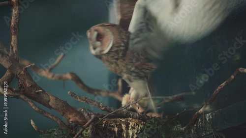 A large owl sits in a hawk on branches with green leaves, which perfectly conveys the atmosphere of the forest and wildlife.