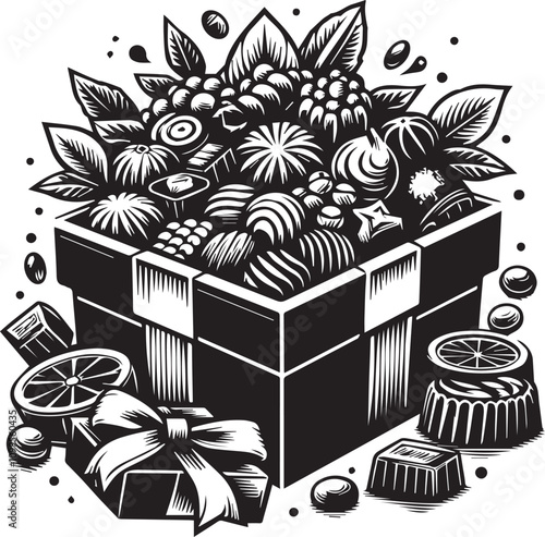 Elegant black and white gift box overflowing with assorted chocolates. A stylized, black and white illustration of a gift box filled with various chocolates.