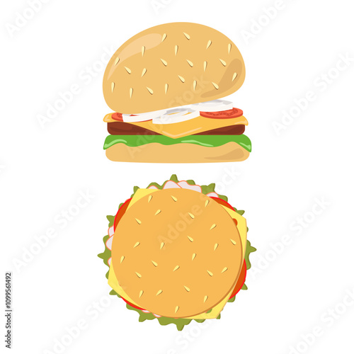 Burger with onion, salad, tomato, cheese and cutlet set vector illustration design isolated