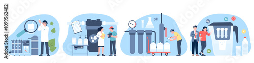 Water purification. Scientist research and cleaning liquids for healthy public drinking and food. Laboratory equipment, filters, recent vector medical scenes