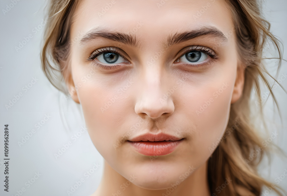 Obraz premium Portrait of a joyful beautiful blond German woman with blue eyes showing an open smile and looking at the camera