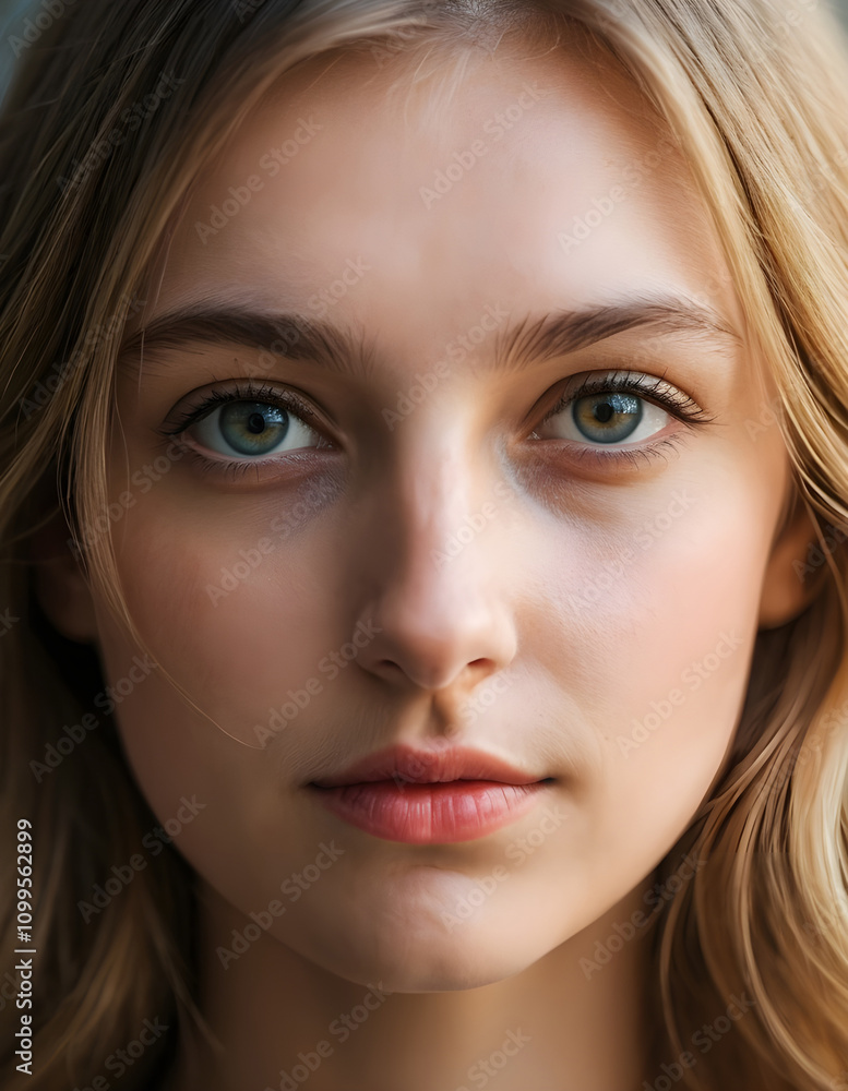 Fototapeta premium Portrait of a joyful beautiful blond German woman with blue eyes showing an open smile and looking at the camera