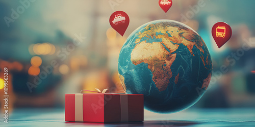 Global Ecommerce Shipping Concept with Gift Box and Map Pins photo