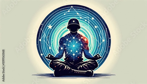 Illustration of a meditating soldier in camouflage armor with cosmic background