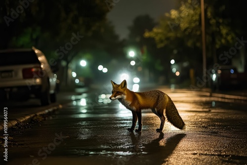 Red fox on rainy city street at night.