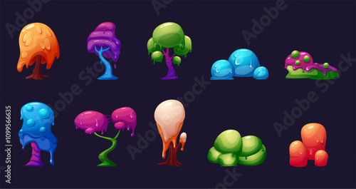 Cartoon fantasy tree. Vibrant slime plants, trees and bushes. Alien planet nature, fairy tale garden elements. Neon colors nowaday vector set