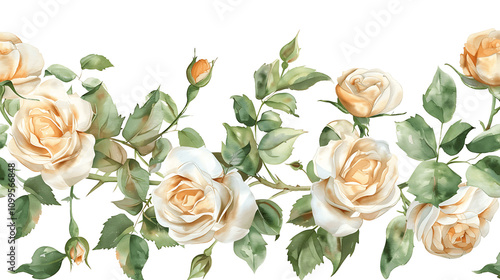 Watercolor illustration white cream rose and green leaves isolated on white background. Border hand painted natural plant twigs with light peach fuzz color roses rose for wedding card design photo