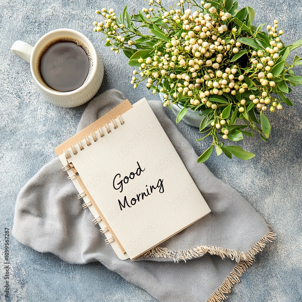 Naklejka premium Good morning concept. A cozy morning scene featuring a notebook with 