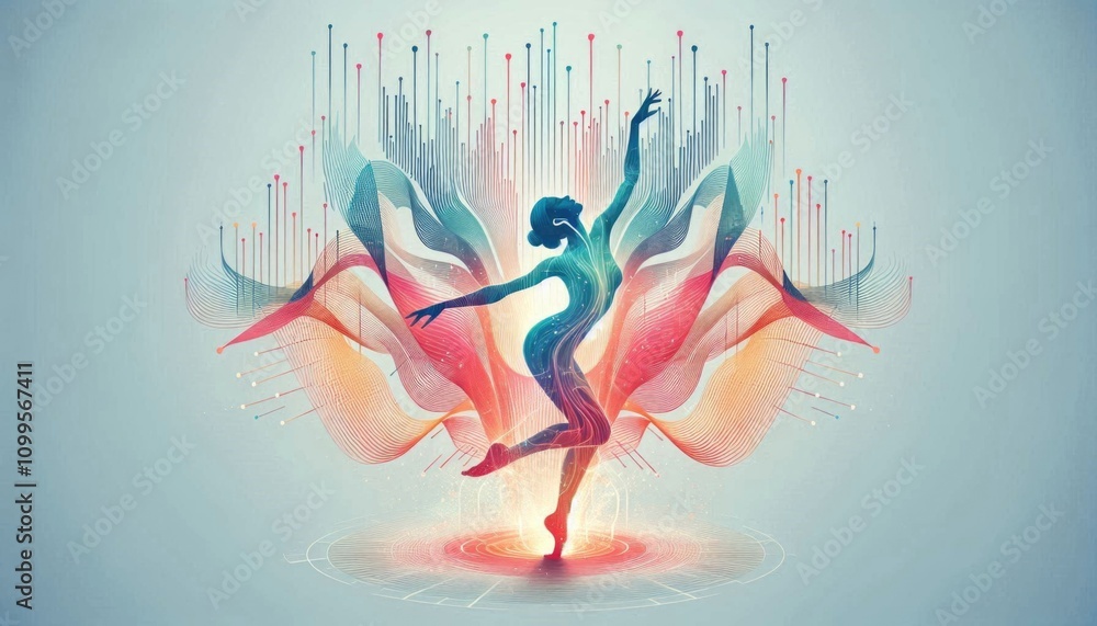 Fototapeta premium Digital art illustration of a graceful dancer surrounded by colorful, flowing abstract elements, symbolizing the harmony of movement and modern technology.