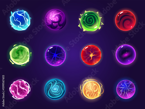 Cartoon magic spheres. Toxic gas hot magma iced globes. Vibrant planets, purple green red blue fantasy game ui elements, nowaday vector set