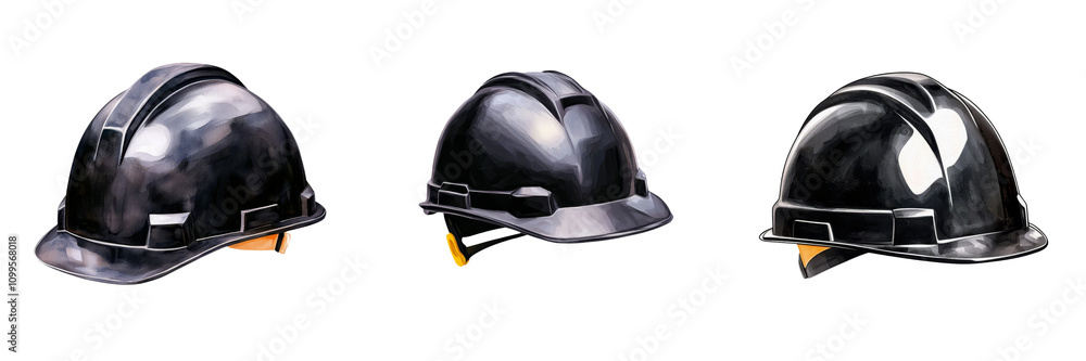 Obraz premium Safety helmet construction, Three black hard hats displayed from different angles, showcasing their design and safety features.