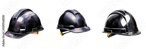 Safety helmet construction, Three black hard hats displayed from different angles, showcasing their design and safety features. photo