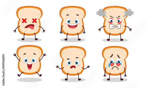 cute slice of bread cartoon with many expressions design illustration