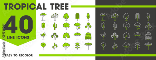 Tropical jungle forest trees line icons of jungle palms and baobab, vector symbols. Rainforest and Amazon or African trees icons of coconut palm, bonsai and willow with deciduous tree and leaf plants