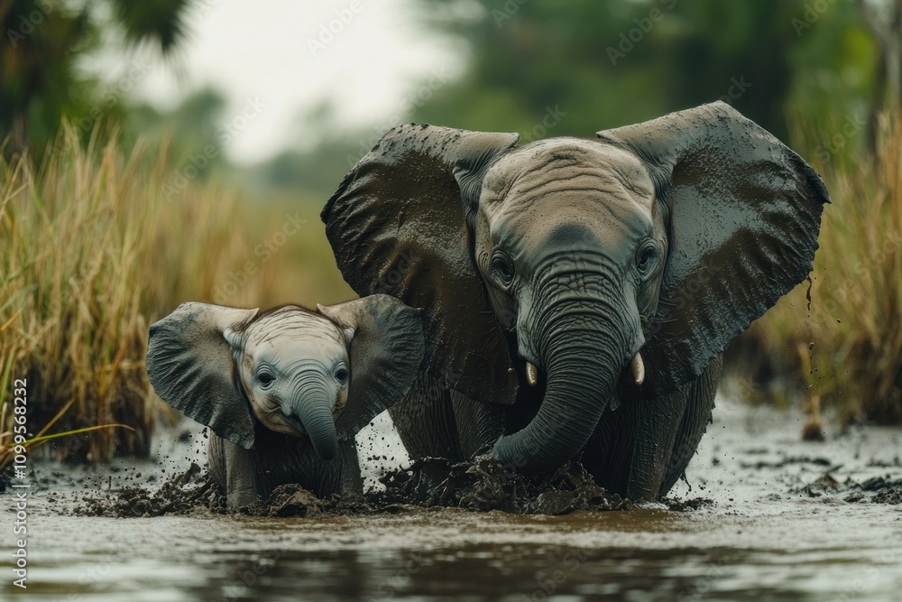 Fototapeta premium A mother elephant and her calf walk through muddy water, the calf's trunk is extended out in front of it.