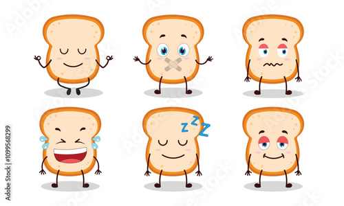 funny slice of bread cartoon with various expressions design illustration
