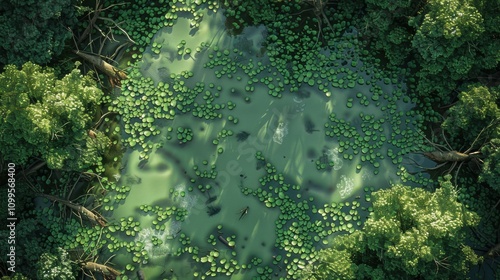 DnD Battlemap battlemap in toxic bog - Surrounded by greenery, battlemap shows a hazardous setting_remains of a bridge in a murky swamp.