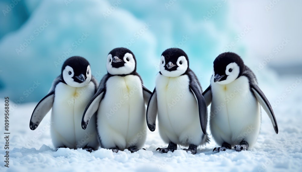 Obraz premium Four adorable baby penguins stand together on snowy ground. Cute chicks in antarctica. Wild nature scene. Nature background. Baby animals. Winter scene. Wildlife photography. Adorable moment.