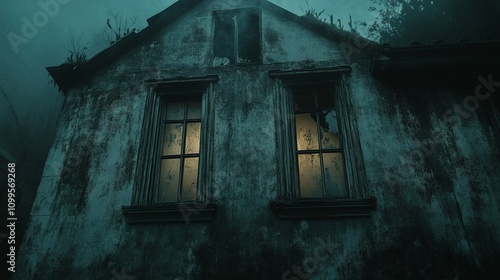 Creepy old abandoned house with broken windows and shabby exterior , haunted, deserted, spooky, eerie, decay photo