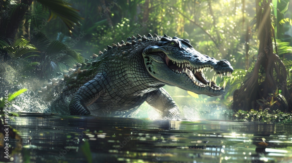 Fototapeta premium Aggressive crocodile bursting out of water with mouth wide open, displaying sharp teeth and scaly skin, surrounded by a misty jungle environment under soft sunlight.