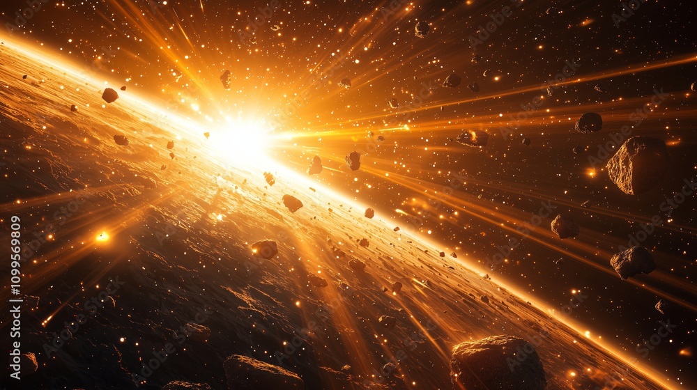 Obraz premium Explosive Cosmic Scene with Asteroids and Radiant Sunlight Effects