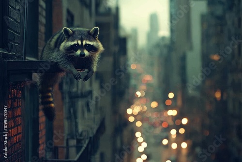 City raccoon perched on windowsill, nighttime view. photo