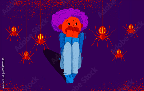 Arachnophobia fear of spiders vector illustration, boy surrounded by spiders scared in panic attack, psychology mental health concept.