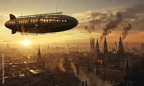 Futuristic Airship Gliding Over an Industrial Cityscape During Sunset with Dramatic Skies and Smoke Stacks in an Imaginative Steampunk Setting