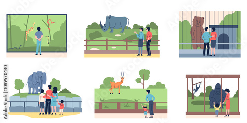 Zoo landscape set. Happy children and parents looking on wild animals in zoological park. Weekend family outdoor walk, nature education recent vector scenes