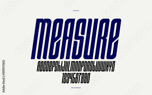 Tall and condensed italic sans serif elegant display font for logos headers or slogans, vector elegant and beautiful geometric typeface, uppercase letters alphabet with numbers.