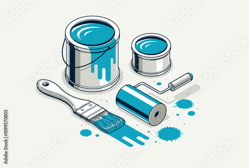 Painting walls interior vector 3D isometric illustration, diy renovation, residential flat renovate, apartment or house interior decoration.