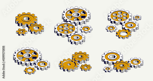 Teamwork concept set, gears and cogs composition isometric 3D vector illustration, business team cooperation metaphor, mechanical engine.