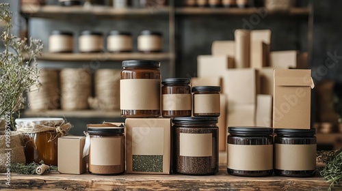 Rustic Display of Jars and Boxes in Organic Shop Environment