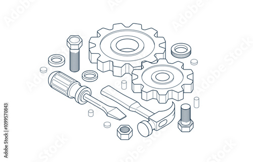 Repair and maintenance concept, technics service, gears and tools in 3D isometric projection vector illustration, technical mechanical workshop.