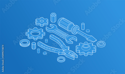 Auto service concept, gears and tools in 3D isometric projection vector illustration, automobile car repair garage workshop, fix the breakage.