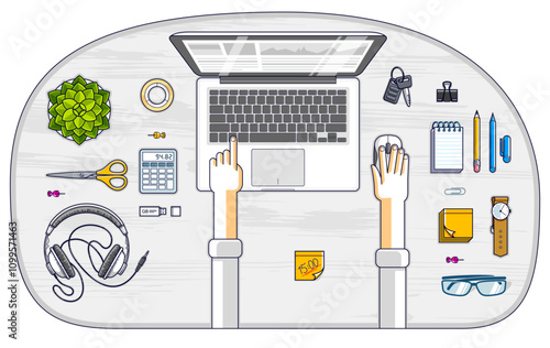 Office worker or entrepreneur working on a laptop computer, top view of workspace desk with human hands and diverse stationery objects. All elements are easy to use separately. Vector illustration.