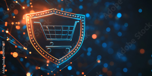 Digital Shield Protecting Shopping Cart Icon in Cybersecurity Concept photo