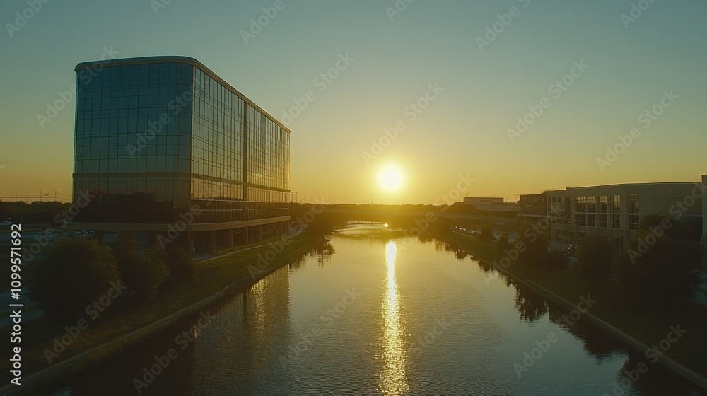 Fototapeta premium Sunset view of modern office buildings reflecting in calm water.