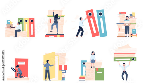 Paperwork scenes. Overload office characters, employers working with paper documents and files. Papers stacks, folders, busy managers recent vector set