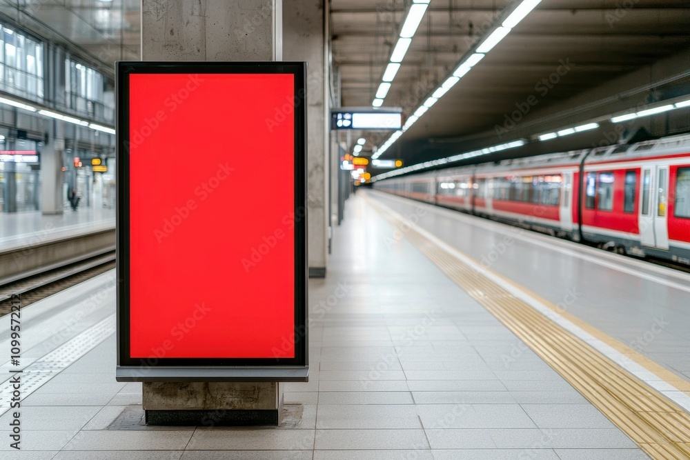 Fototapeta premium Travel restrictions policy conceptual. A blank advertising display stands on a deserted train platform, with a train visible in the background, creating an urban transportation atmosphere.
